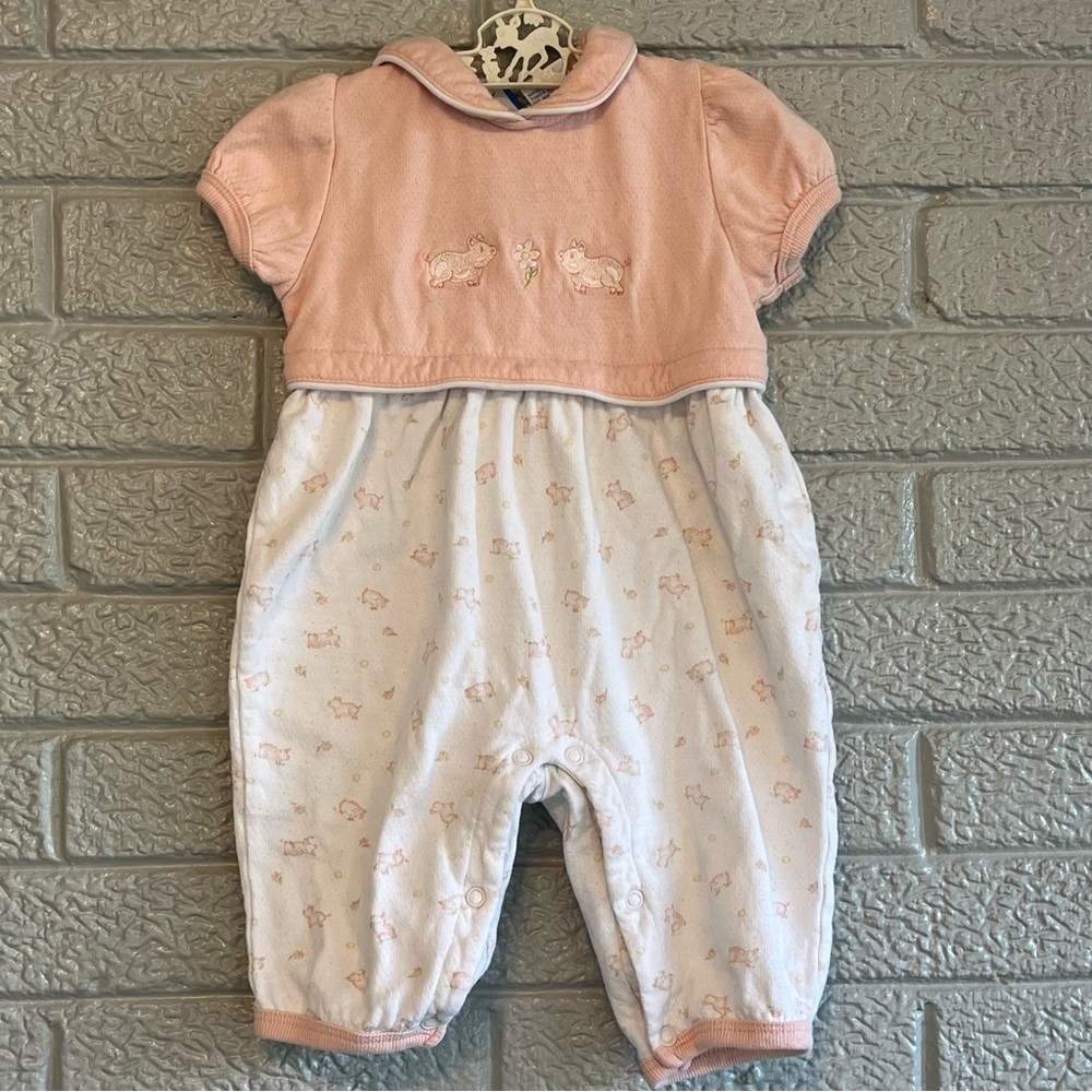 Vintage 90s Lullaby Club Baby Girl Pig Peach and White Embroidered Romper 6M